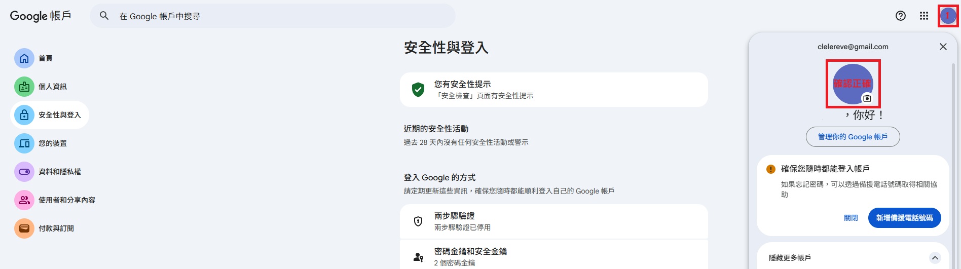 確認要登入的 Google 帳戶